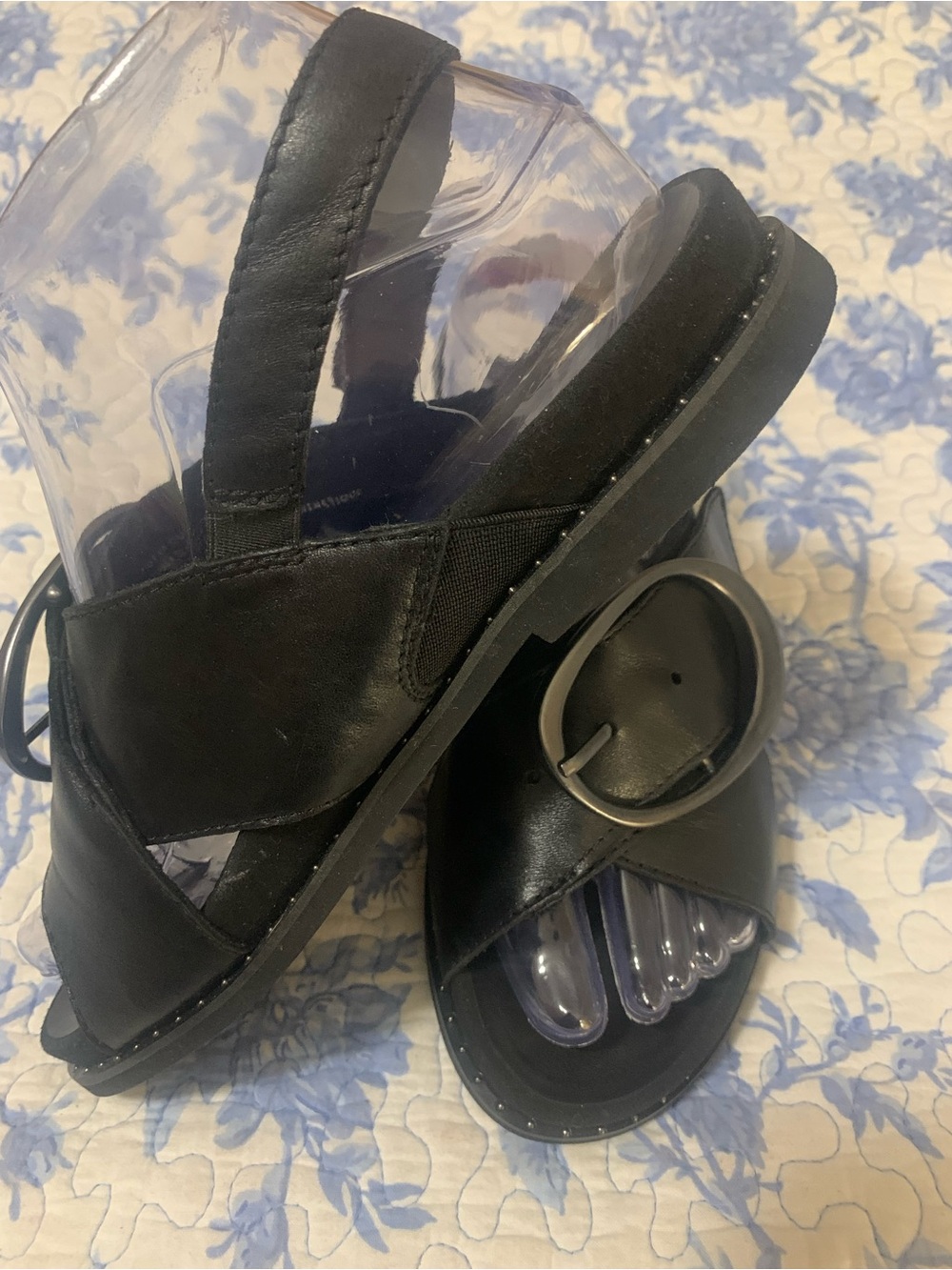 Earth Black Women's Leather Buckle Slide Sandals